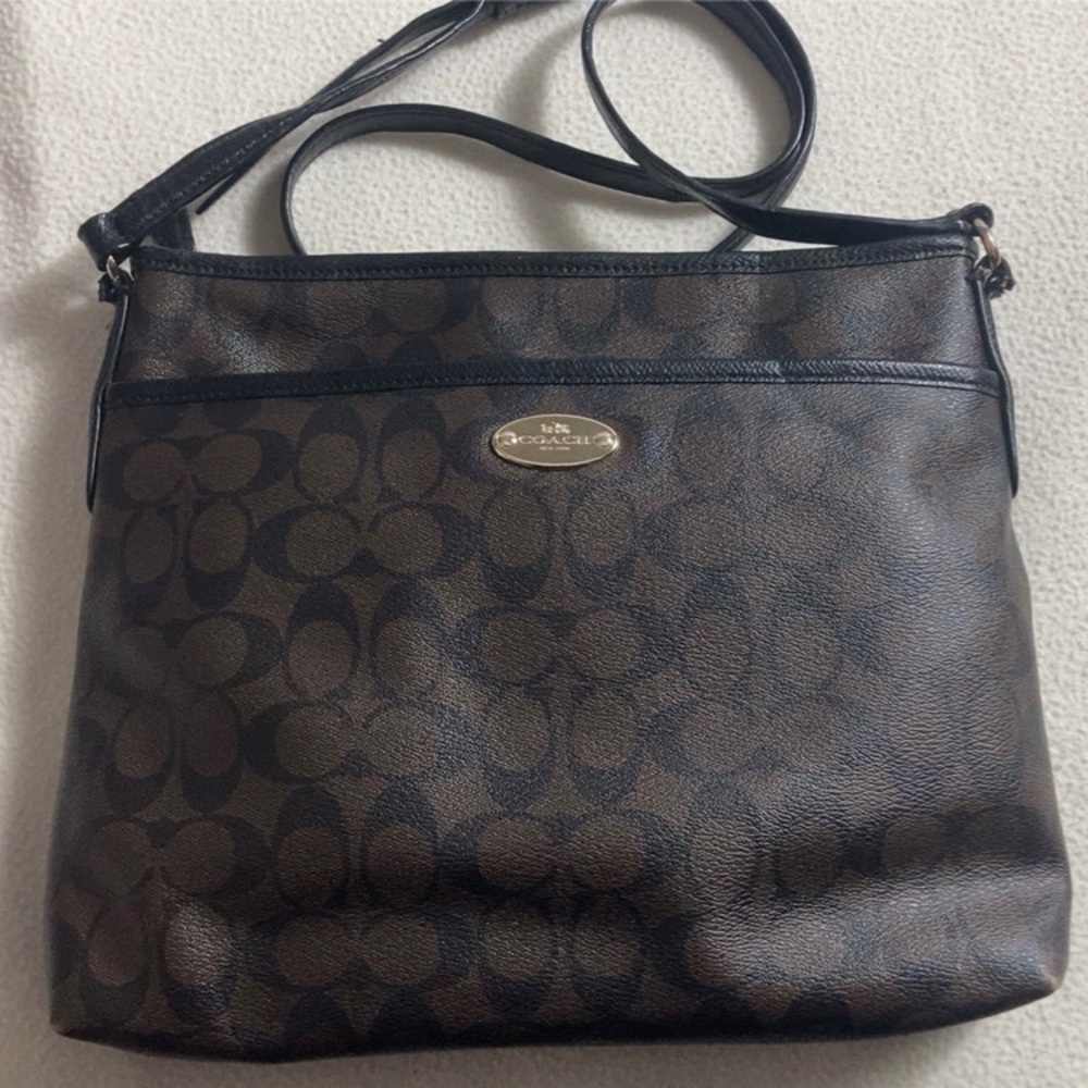 Coach Dark Brown Signature Shoulder Bag with Black Trim